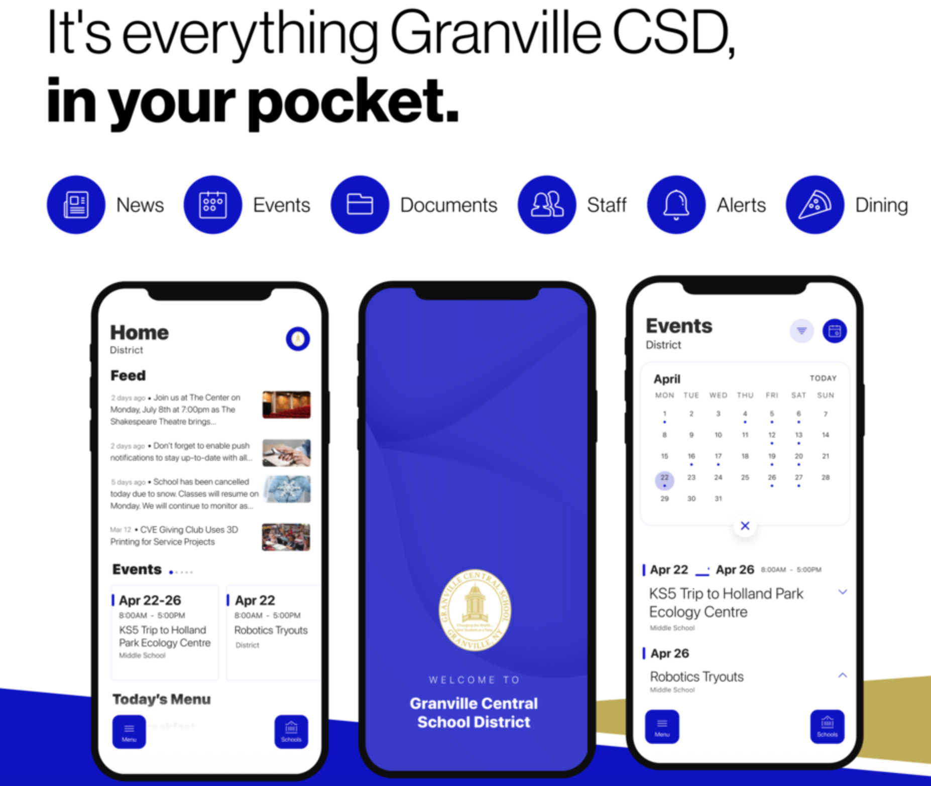 An image of the Granville CSD App: It's everything Granville CSD, in your pocket. Download for free to see school news, events, documents, staff, alerts and dining options. 