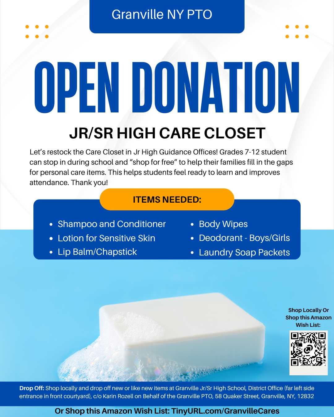Do you have unused hygiene products that are like new? Drop off and donate to the PTO's Care Closet Restock at the Jr/Sr High. Drop off to the district office. 