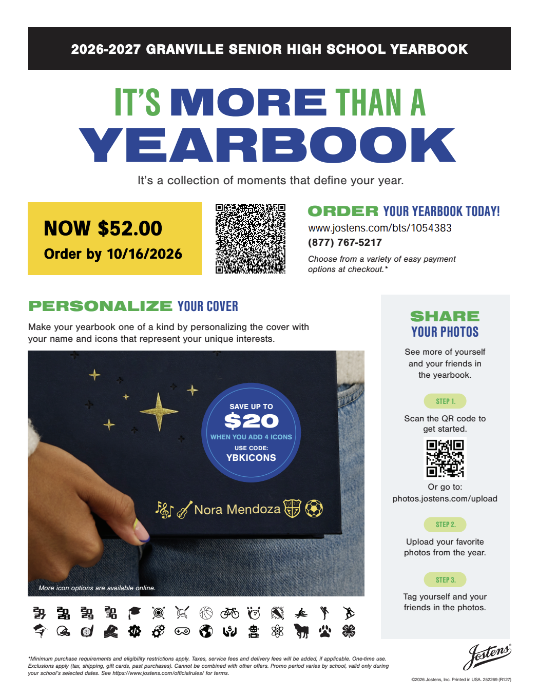 A flyer about the 26-27 yearbook sale and early bird savings. 