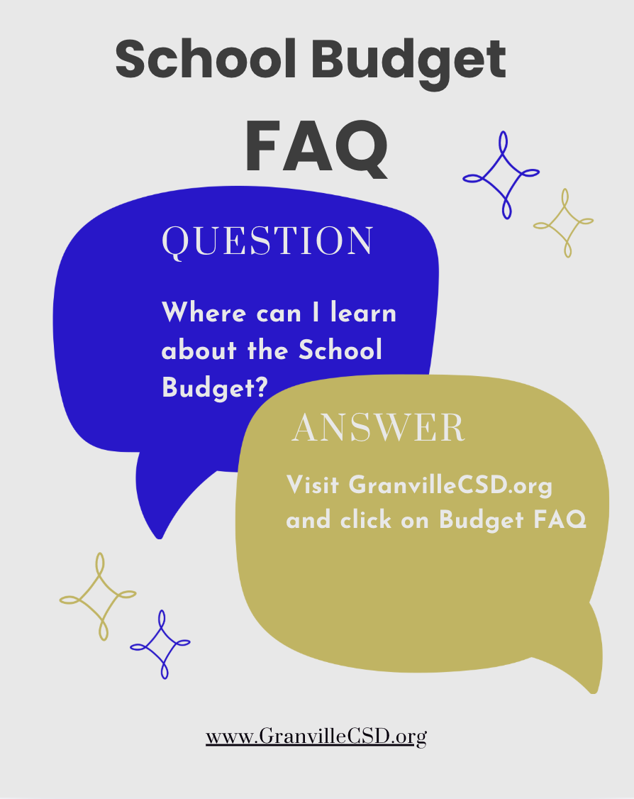 Text on this blue, gold and white image reads: School Budget FAQ: Question, Where can I learn about the School Budget? Answer, visit GranvilleCSD.org and click on Budget FAQ