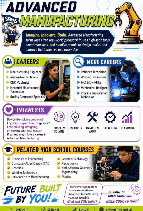 Information on Advanced Manufacturing with a focus on careers, interests, high school courses, and a future outlook.