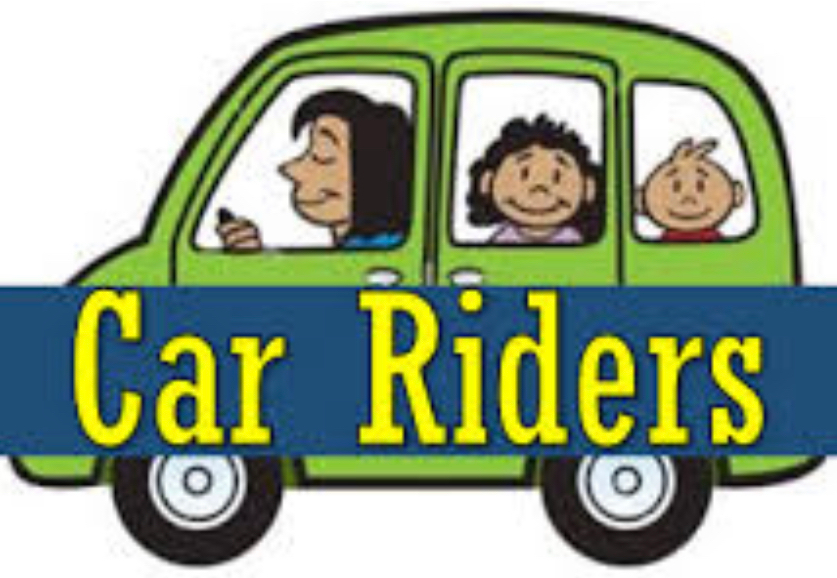 A green car with three people inside. The text 