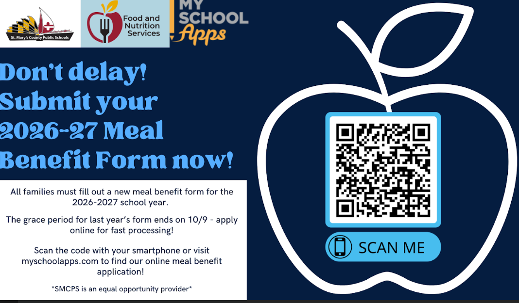An apple with a QR code and text prompts to submit a meal benefit form, with logos in the top corners.