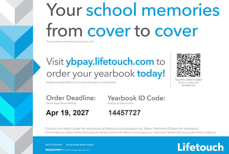 A colorful advertisement for yearbooks with an ID code. Deadline is April 19, 2027. The website is ybpay.lifetouch.com.