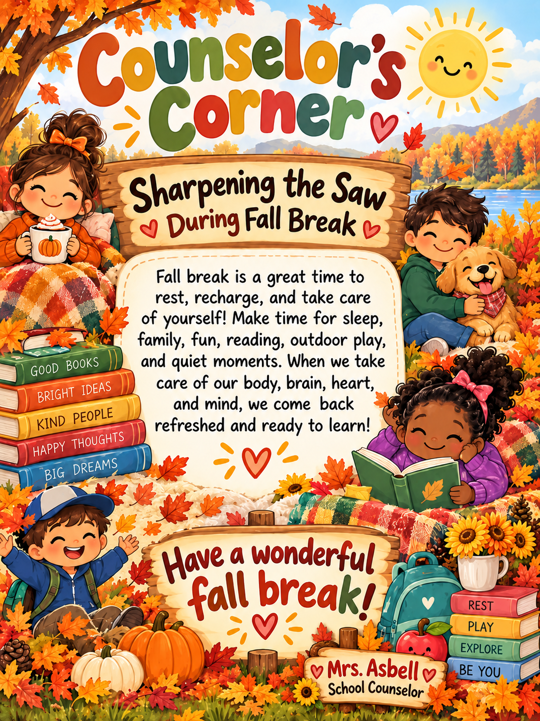 Colorful graphic features children reading and playing under a tree. Fall break activities listed. 