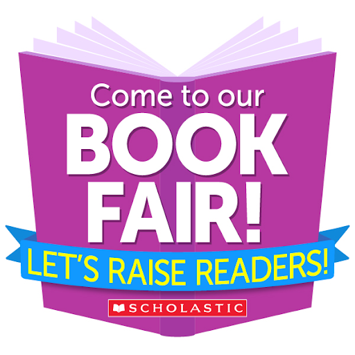 purple book that says Come to out Book Fair - let's raise readers!  Scholastic