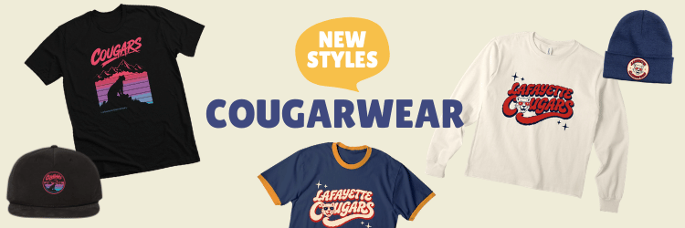 Cougar Wear New Styles images of hats and shirts with Lafayette Cougars logos