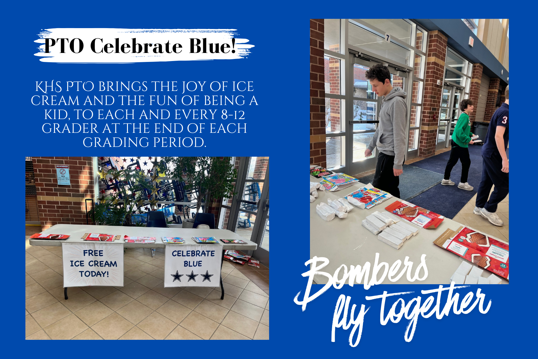 PTO Celebrate Blue! First picture of table with signs reading 