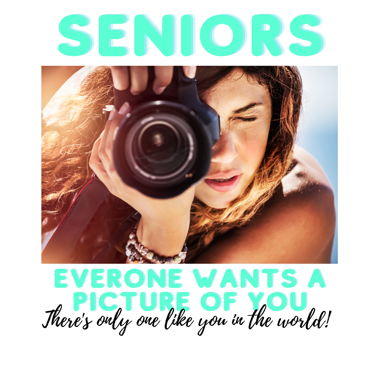 Woman pointing her camera lens directly at the viewer with the caption: