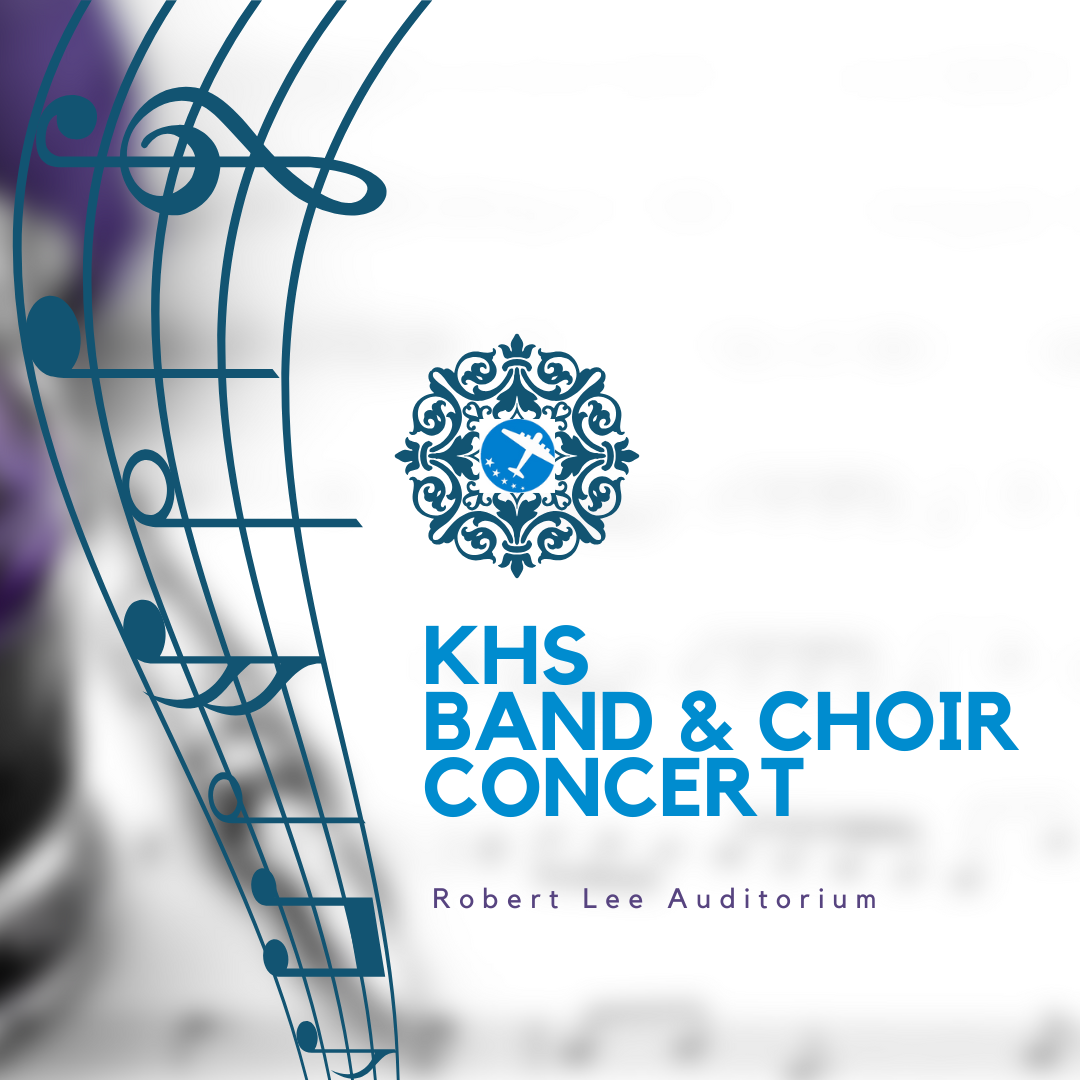 Musical notes with a Bomber plane logo. Text reads: KHS BAND & CHOIR CONCERT, Robert Lee Auditorium