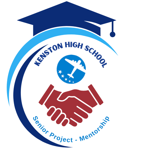 Half circle with a graduation cap at the top. Inside the circle text reads: KHS Senior Project-Mentorship. The Kenston Bomber Plane logo and a graphic of two hands embraced in a handshake