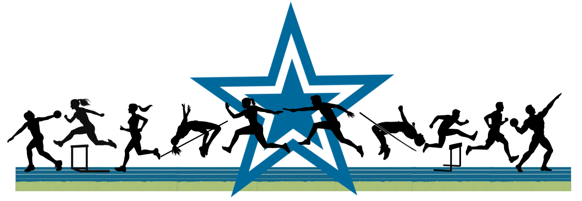 Various silohettes of female and male athletes on a track with a large blue star