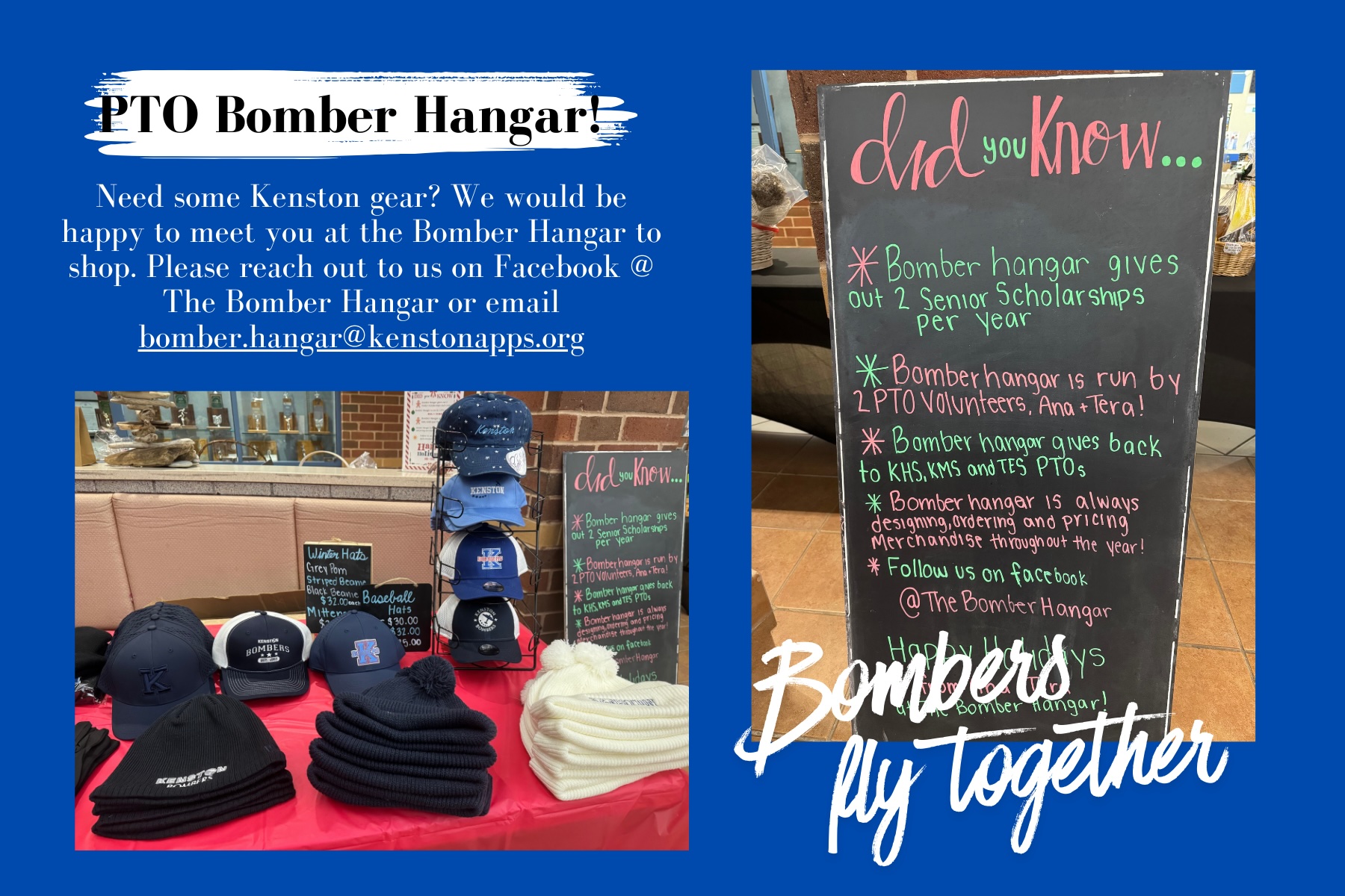 PTO Bomber Hangar. Please reach out through FaceBook : The Bomber Hangar or email: bomber.hangar@kenstonapps.org