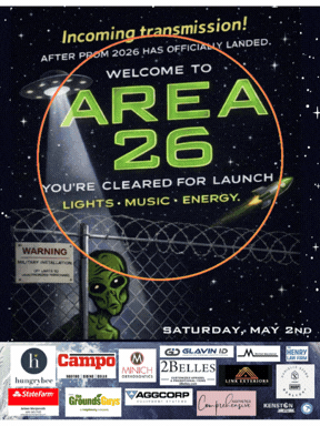 Poster advertisement forAfter Prom. Welcome to Area 26. Sat. May 2nd. Various sponsors listed