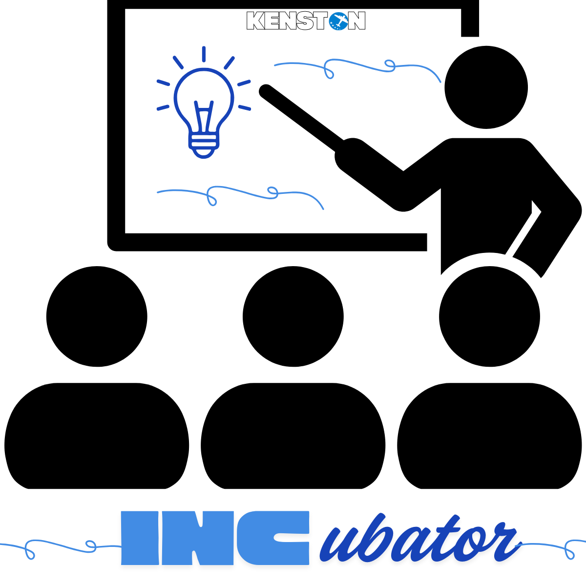 Stick figures watching a presenter with a white board pointing to a lightbulb. Text reads: 