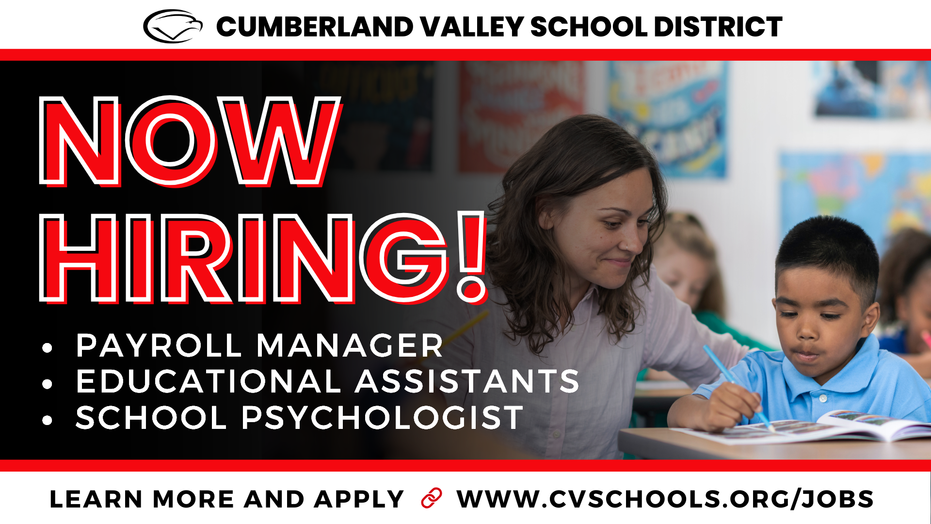 Cumberland Valley School District hiring announcement for multiple positions with application link.