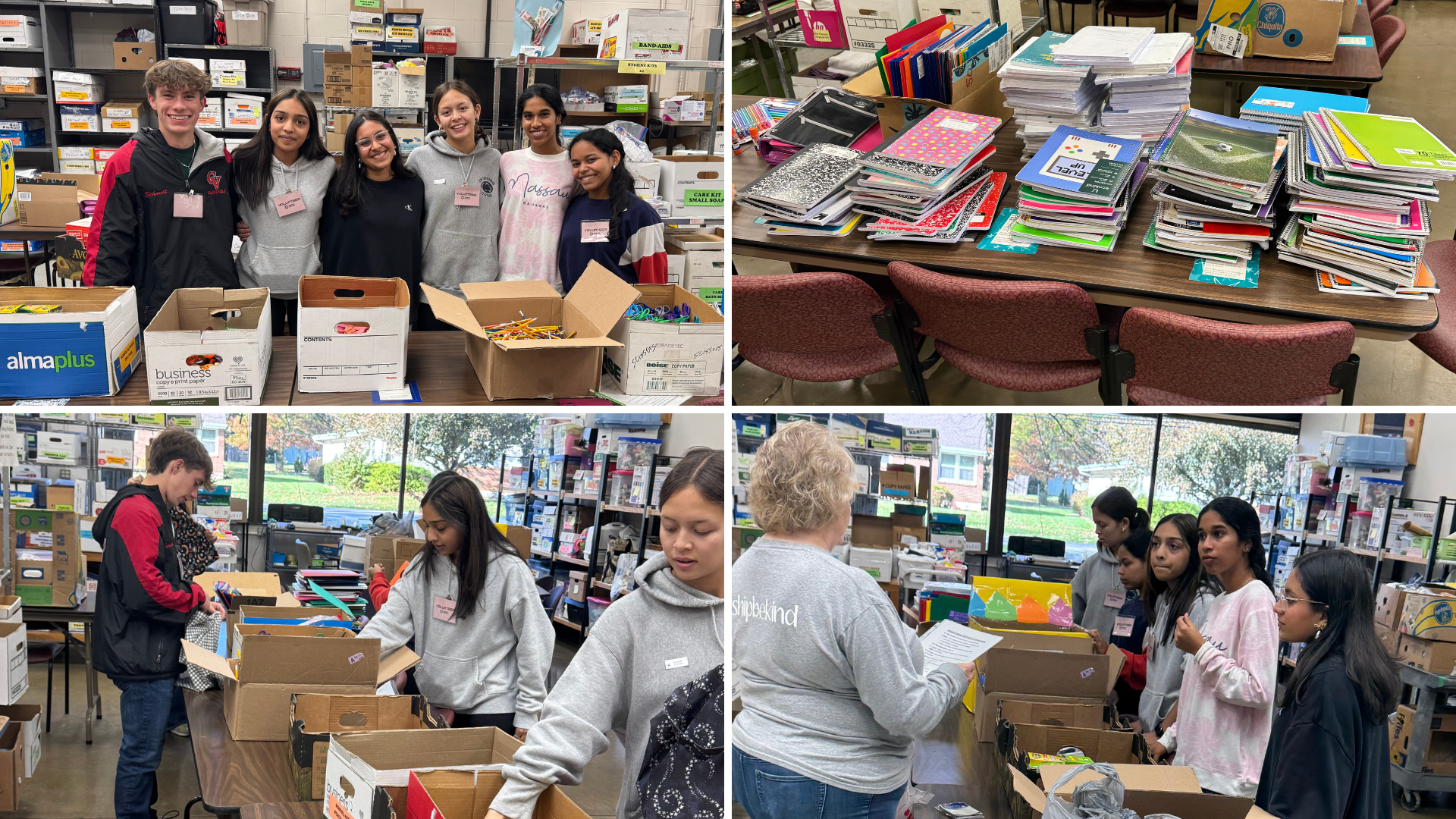 Collage of pictures of CVHS Class of 2027 at Mission Central, assembling more than 140 activity kits for students.