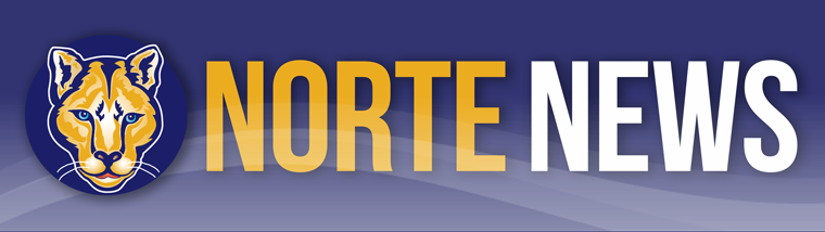 Image of cougar head in gold with blue background and words Norte News in yellow and white letters