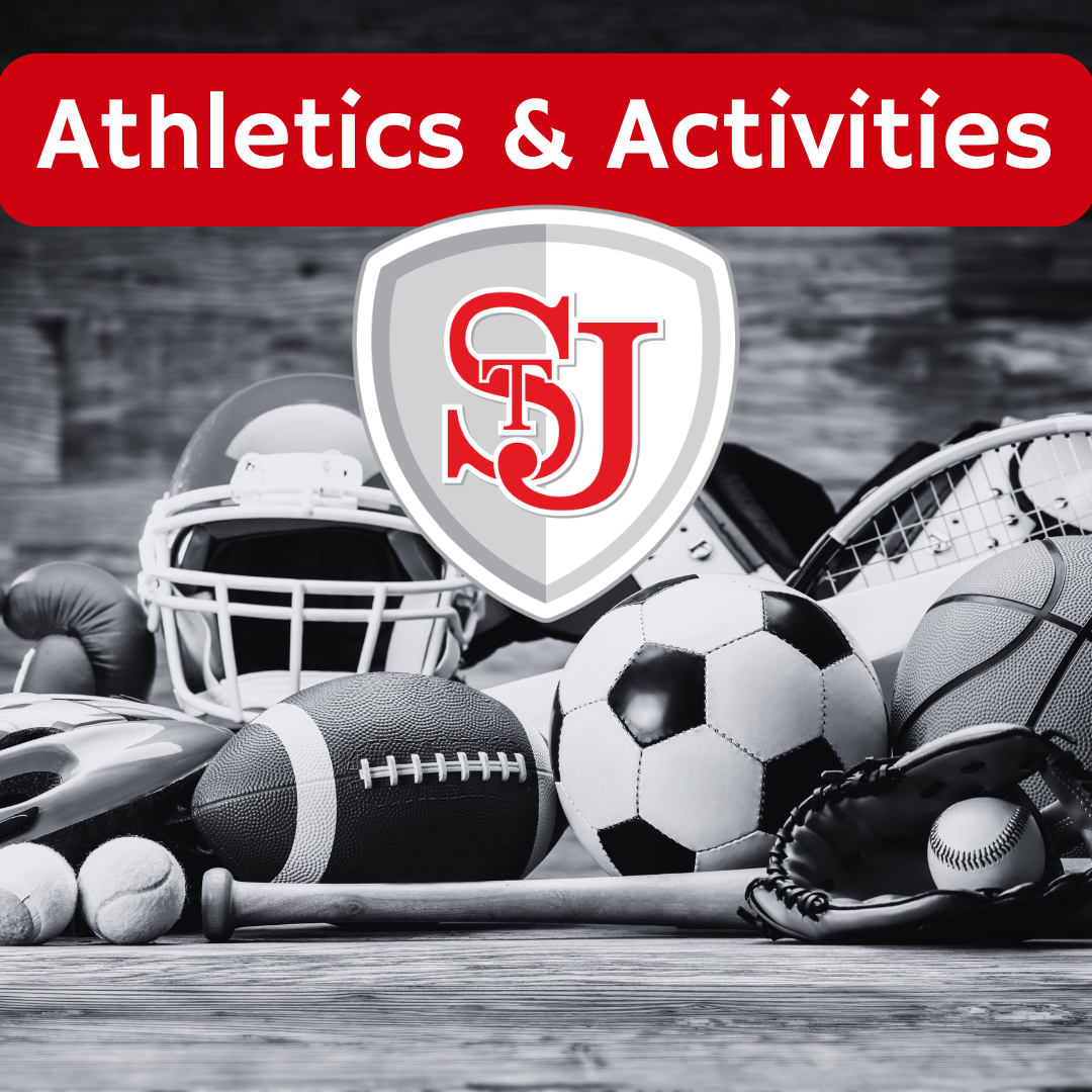 athletics and activities text with shield logo. different sports equipment in background