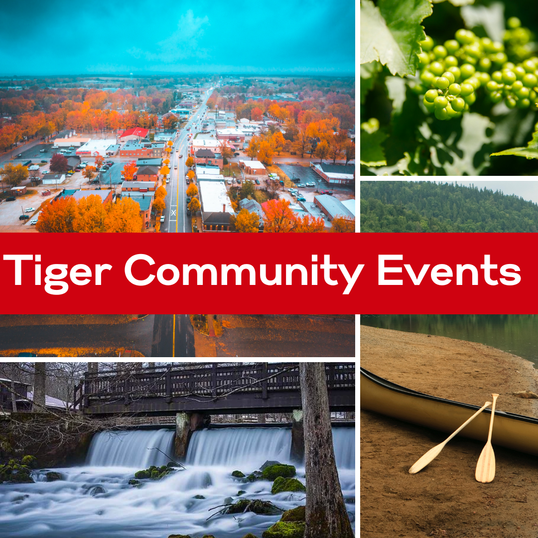 Tiger Community Events text with collage images of aerial of st. james, grapes on vine, waterfall. 