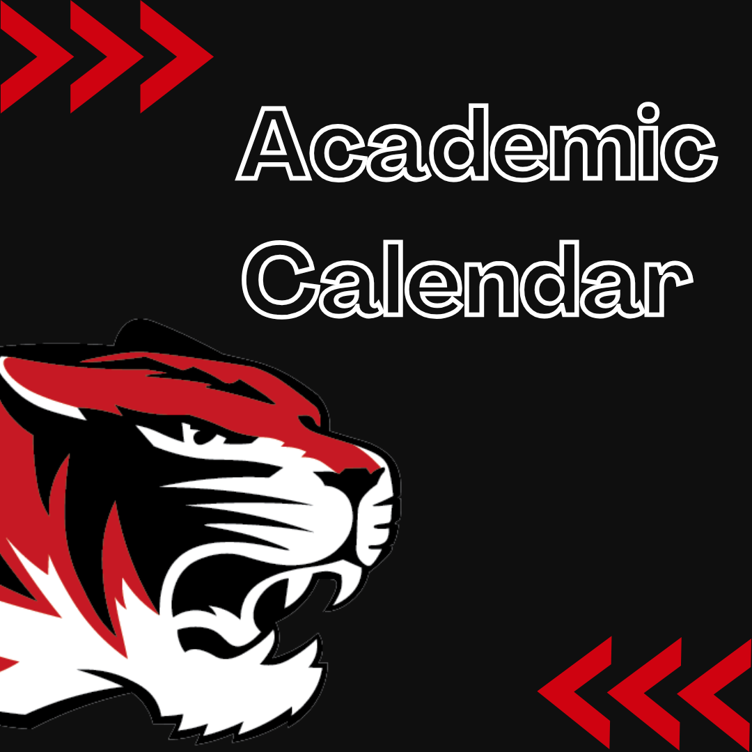 Tiger head logo with red arrow. text - academic calendar