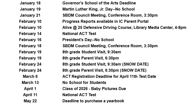 Calendar of Events for 1-18-26 newsletter