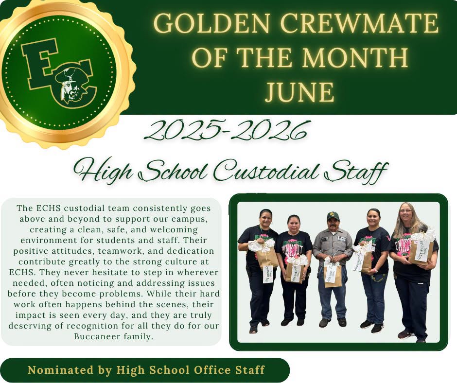 graphic for golden crewmate award includes photo of high school custodial team with gifts