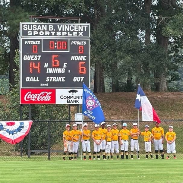 team members in a line in the outfield in front of the scoreboard with world series and Texas flags