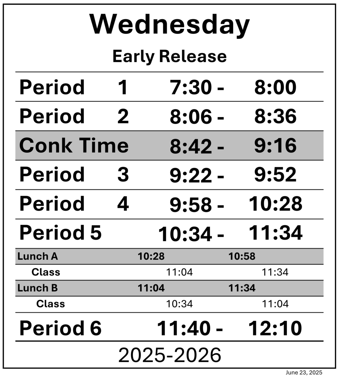 KW Wednesday Early Release Schedule