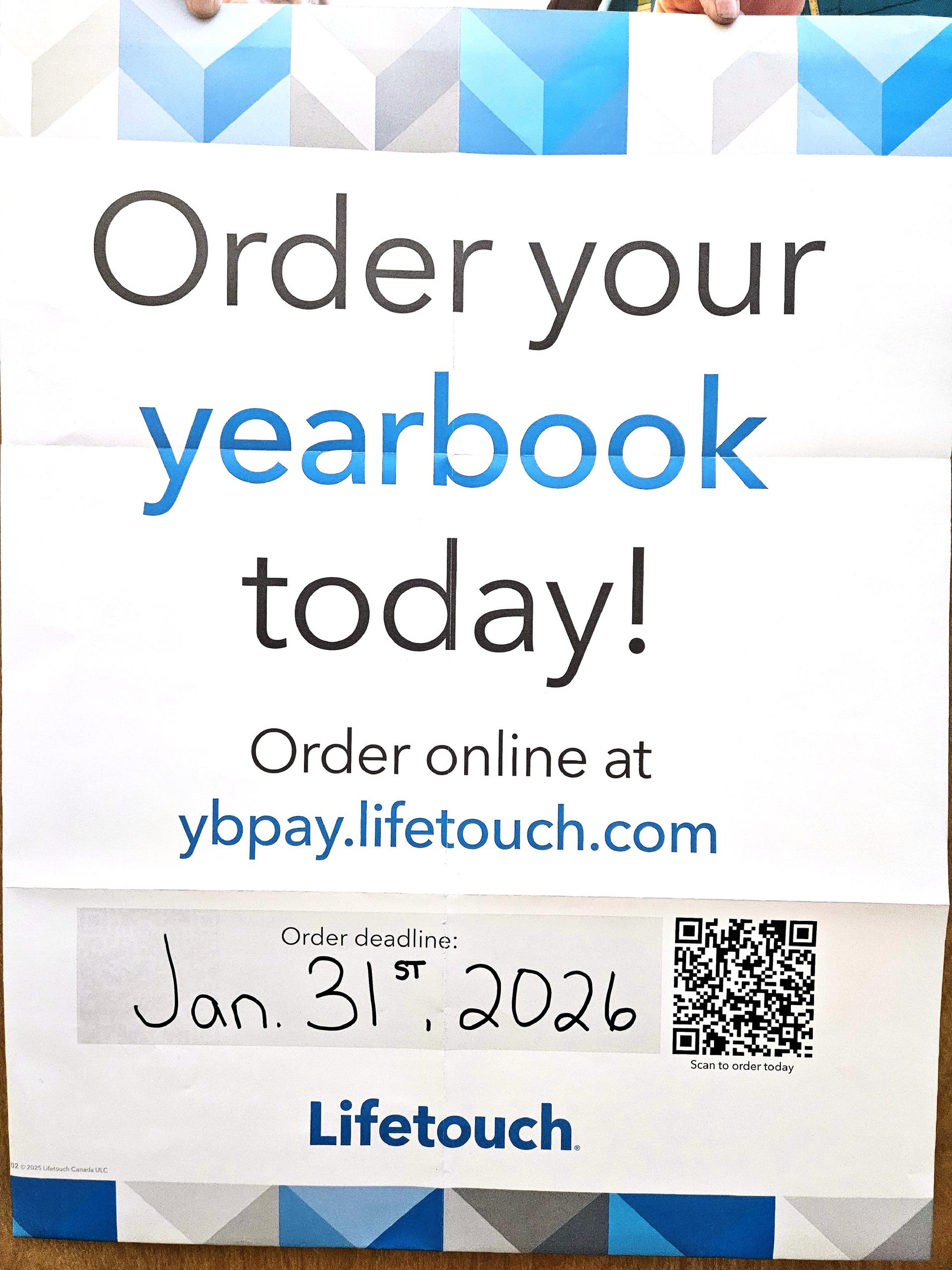 Order your yearbook today! Order online at ybpay.lifetouch.com before January 31st, 2026.