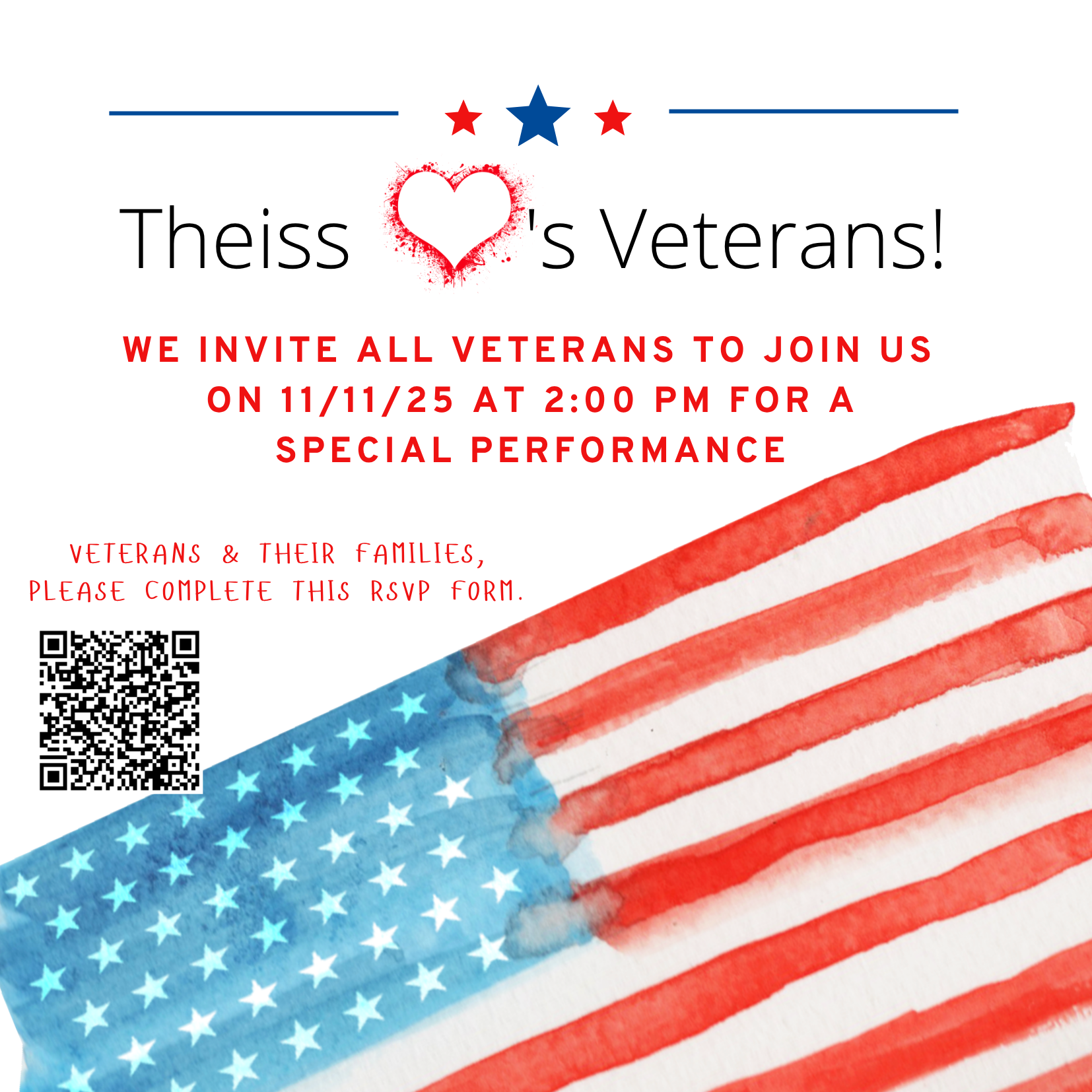 Theiss loves veterans! We invite all veterans to join us on 11/11/25 at 2:00 PM for a special performance; Veterans and their families, please complete this RSVP form.