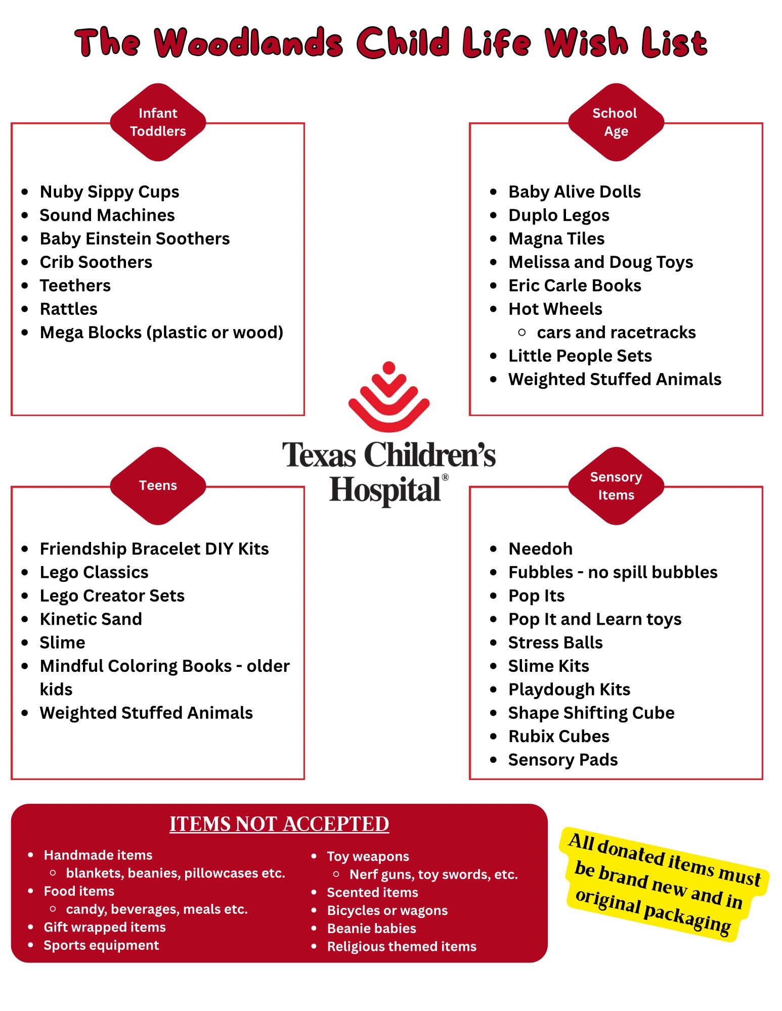 The Woodlands Child Life Wish List TX Children's Hospital; Nuby sippy cups, sound machines, baby einstein soothers, crib soothers, teethers, rattles, mega blocks, baby alive dolls, dplo legos, magnatiles, melissa and doug toys, eric carle books, hot wheels, little people sets, weighted stuffed animals, friendship bracelet DIY kits, lego classics, lego creator kits, kinetic sand, slime, mindful coloring  books - older kids, Needoh, fubbles, pop its, pop it and learn toys, stress balls, slime kits, playdough kits, shape shifting cube, rubix cubes, sensory pads; items not accepted: handmade items, food items, gift wrapped items, sports equipment, toy weapons, scented items, bicycles or wages, beainie babies, religious themed itmes; All donations must be brand new and in orginial packaging
