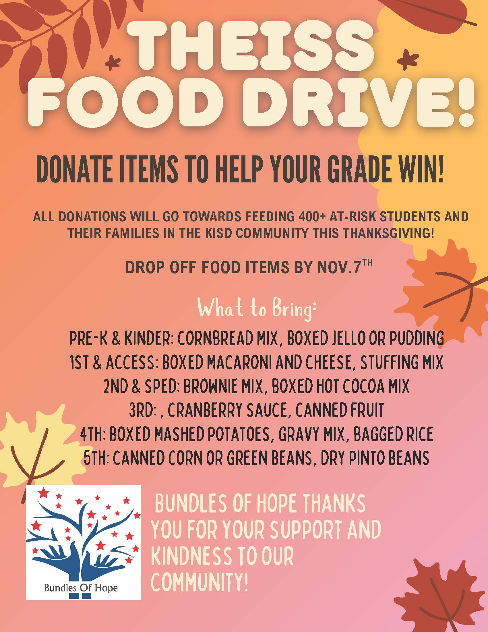 THEISS FOOD DRIVE!DONATE ITEMSTOHELPYOURGRADE WIN! ALL DONATIONS WILL GO TOWARDS FEEDING 400+ AT-RISK STUDENTS AND THEIR FAMILIES IN THE KISD COMMUNITY THIS THANKSGIVING! DROP OFF FOOD ITEMS BY NOV.7 TH pre-k & kinder: cornbread mix,boxed jello or pudding 1st & access:boxed macaroni and cheese, stuffing mix 2nd & sped:Brownie mix,boxed hot cocoa mix 3rd: , cranberry sauce, canned fruit 4th:boxed mashed potatoes, gravy mix,bagged rice 5th: canned corn or green beans, drypinto beans What to Bring: Bundles ofHopethanks you for your support and kindness to our community!