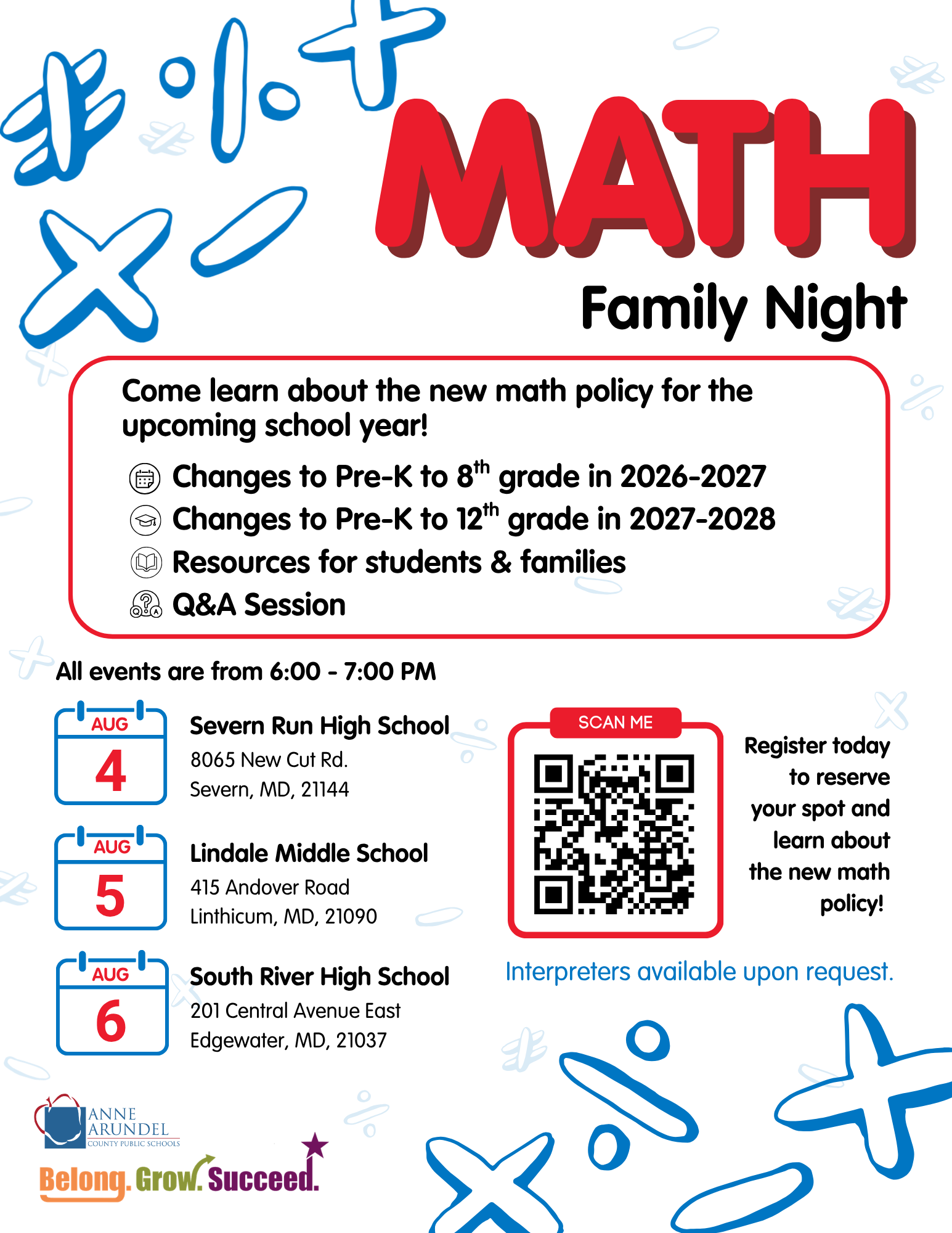 Join us for a Math Family Night to learn about Maryland’s new mathematics policy, how it impacts elementary, middle, and high school mathematics, and resources available to support you and your student. Register for one of three sessions! Event dates (all events are from 6:00 - 7:00 PM): Aug. 4 at Severn Run High School, Aug. 5 at Lindale Middle School, Aug. 6 at South River High School. We hope to see you there!