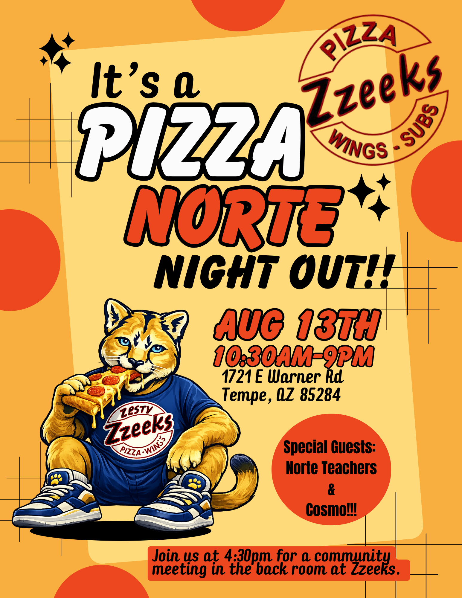 flyer with a cougar eating pizza and infor about Norte Night Out at Zzeek's pizza on Aug 13 all day