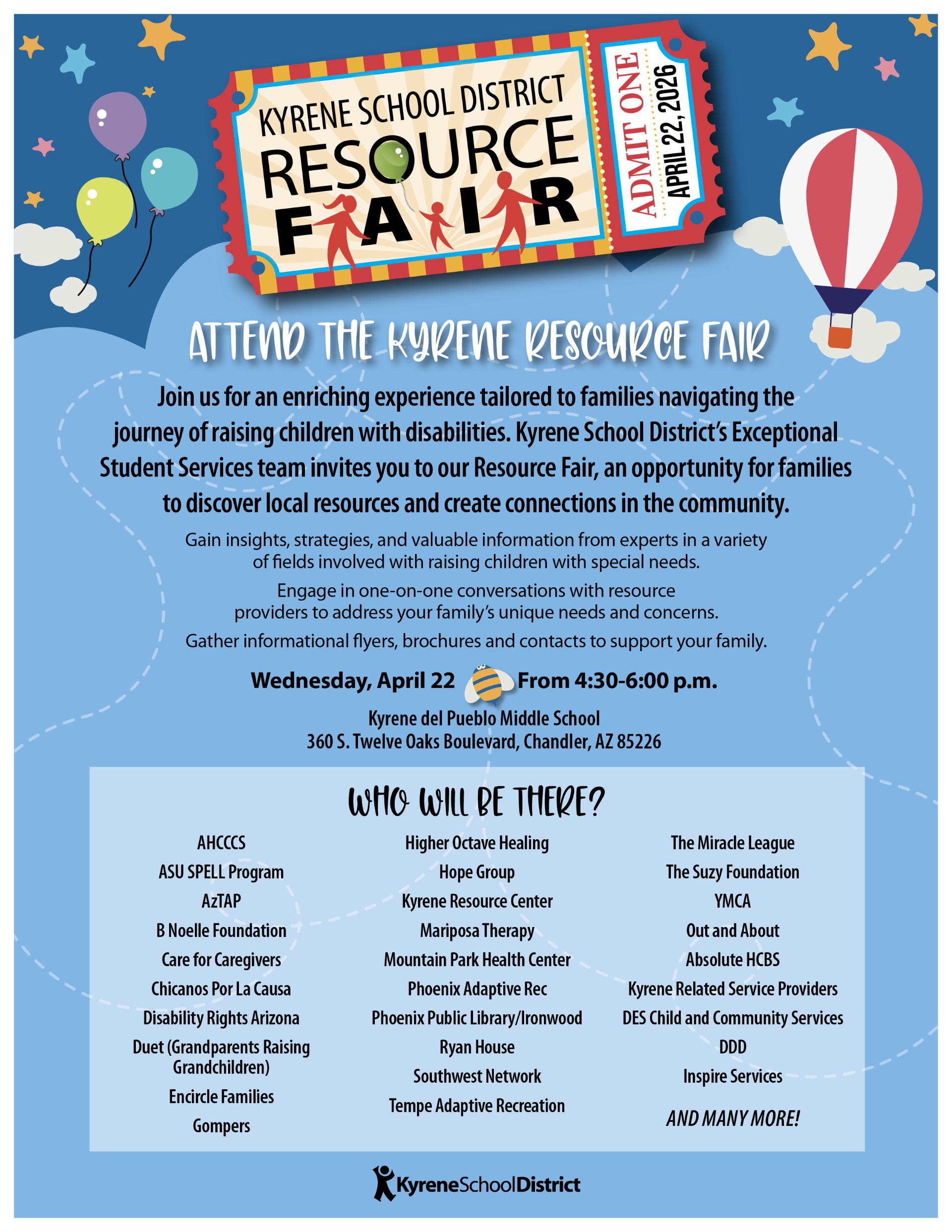 hot air balloon and entry ticket for the Kyrene School District Resource Fail on April 22, 2026 from 4:30pm - 6pm at Kyrene del Pueblo Middle School