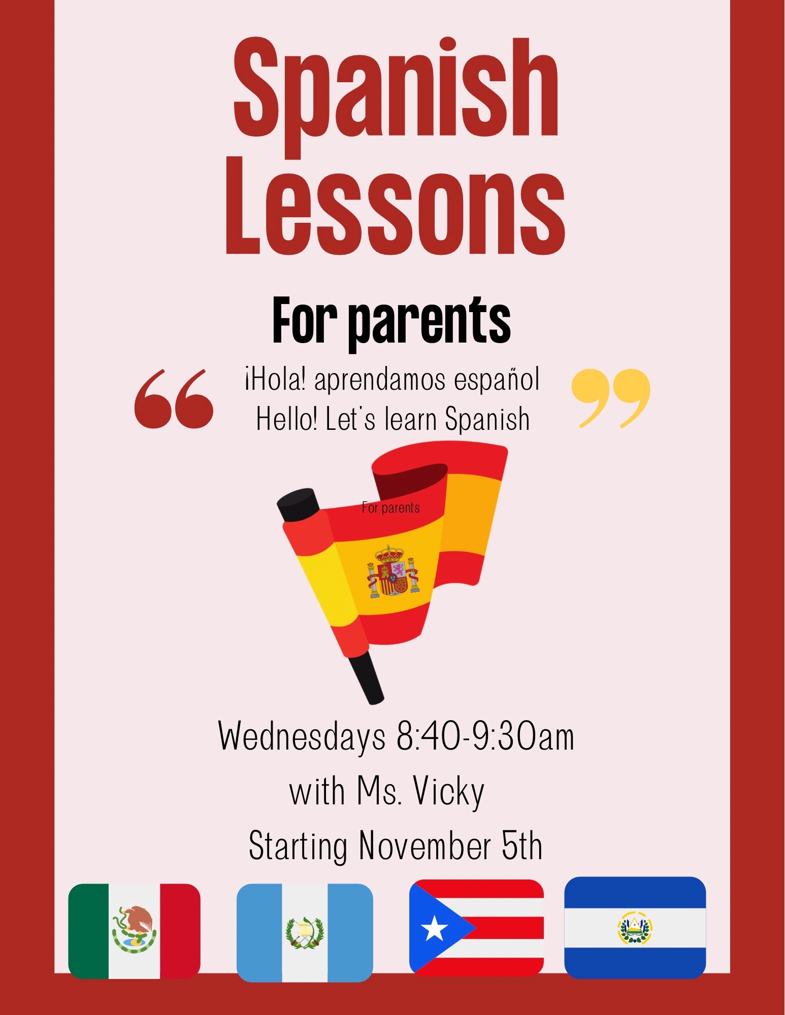 flyer for parent spanish lessons with 5 spanish speaking country flags