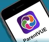 top part of cell phone with a colorful circle and words for ParentVue app under