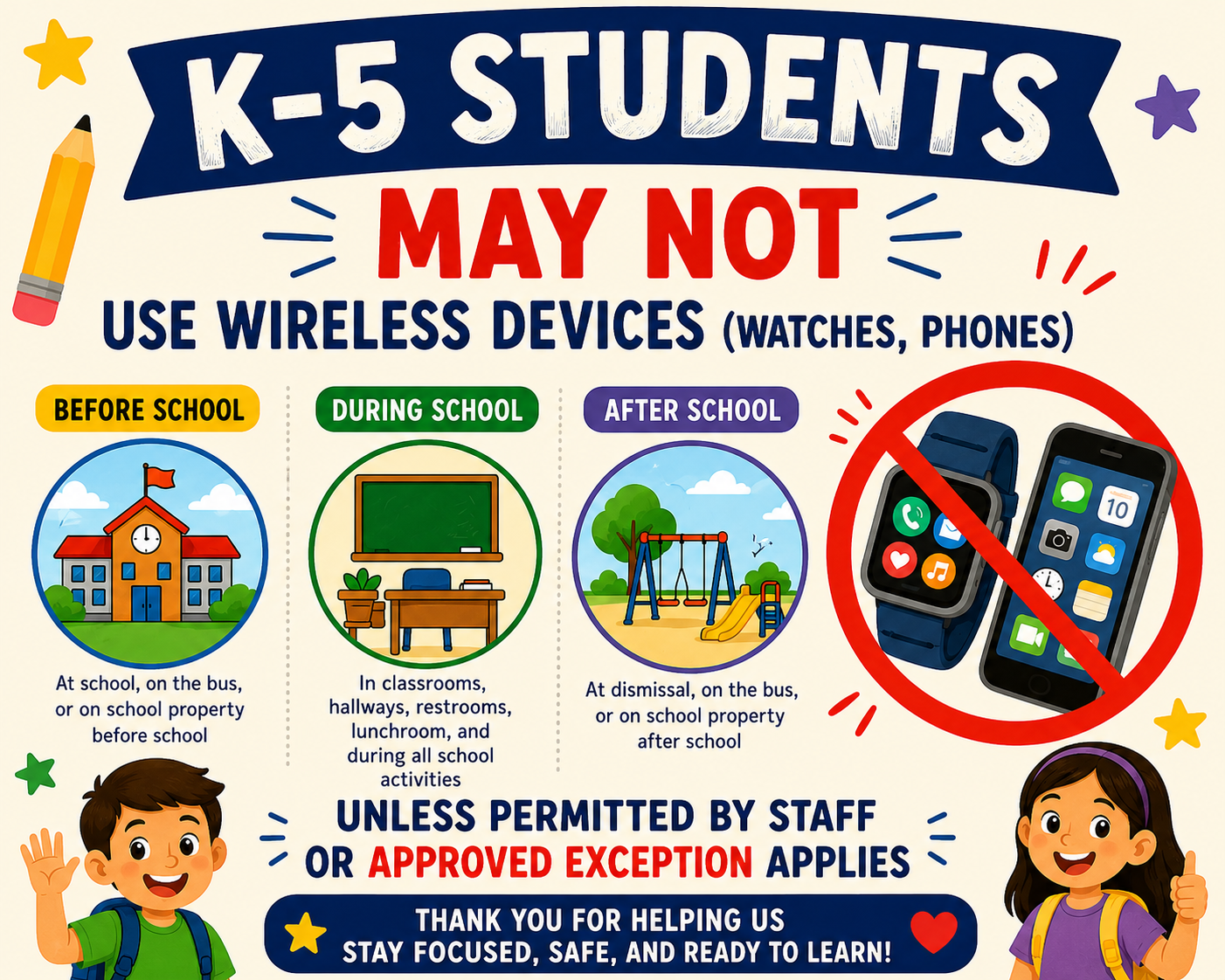 flyer with boy and girl waving and info about no wireless devices allowed at school