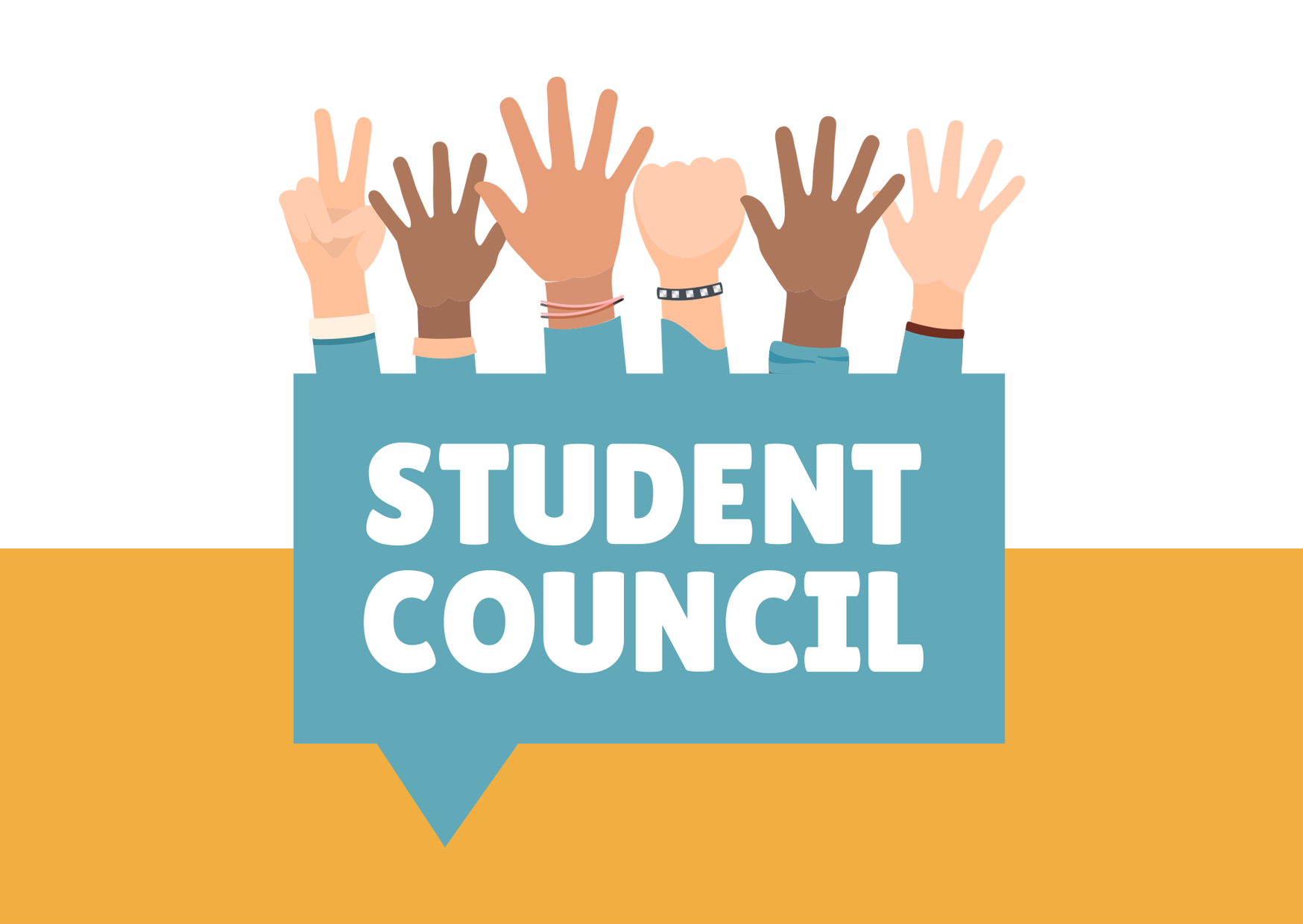 hands raised in different skin tones above a sign that says Student Council