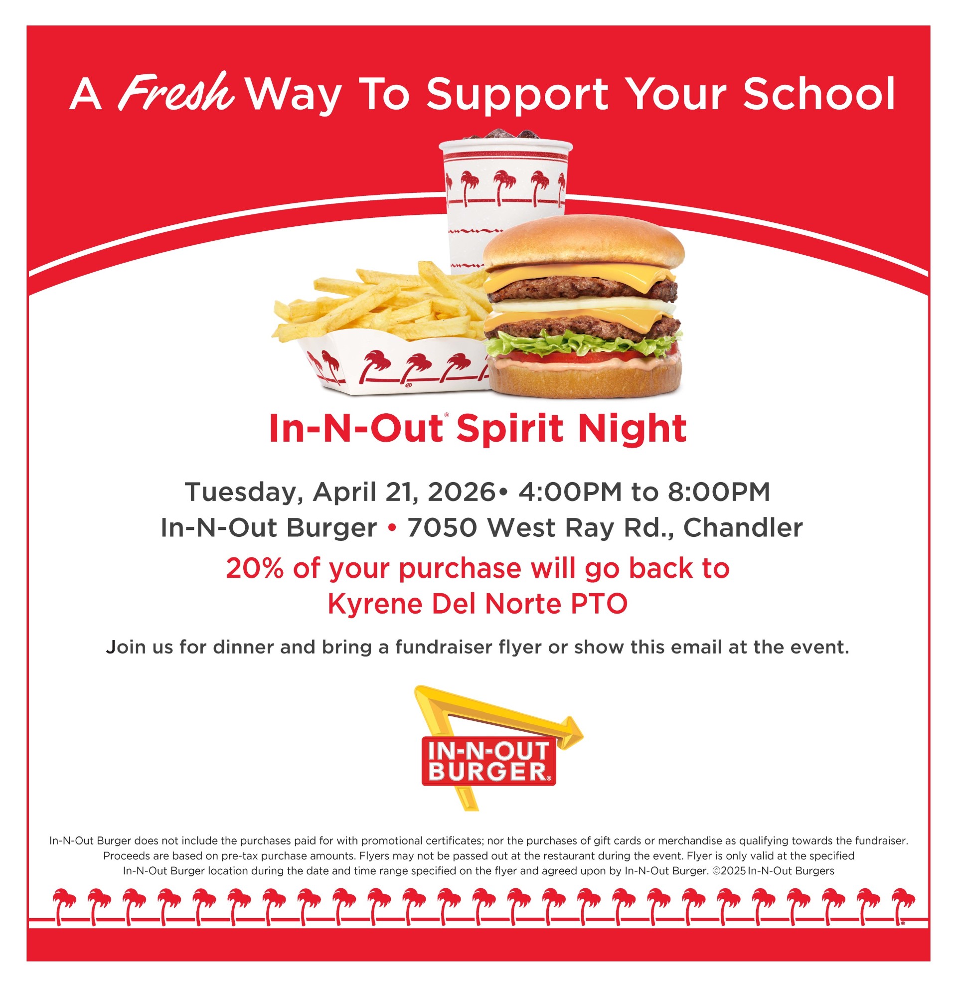 flyer with cheeseburger, fries and soda drink for In-N-Out spirit night on April 21, 2026 from 4 - 8 pm for Kyrene del Norte dine and donate