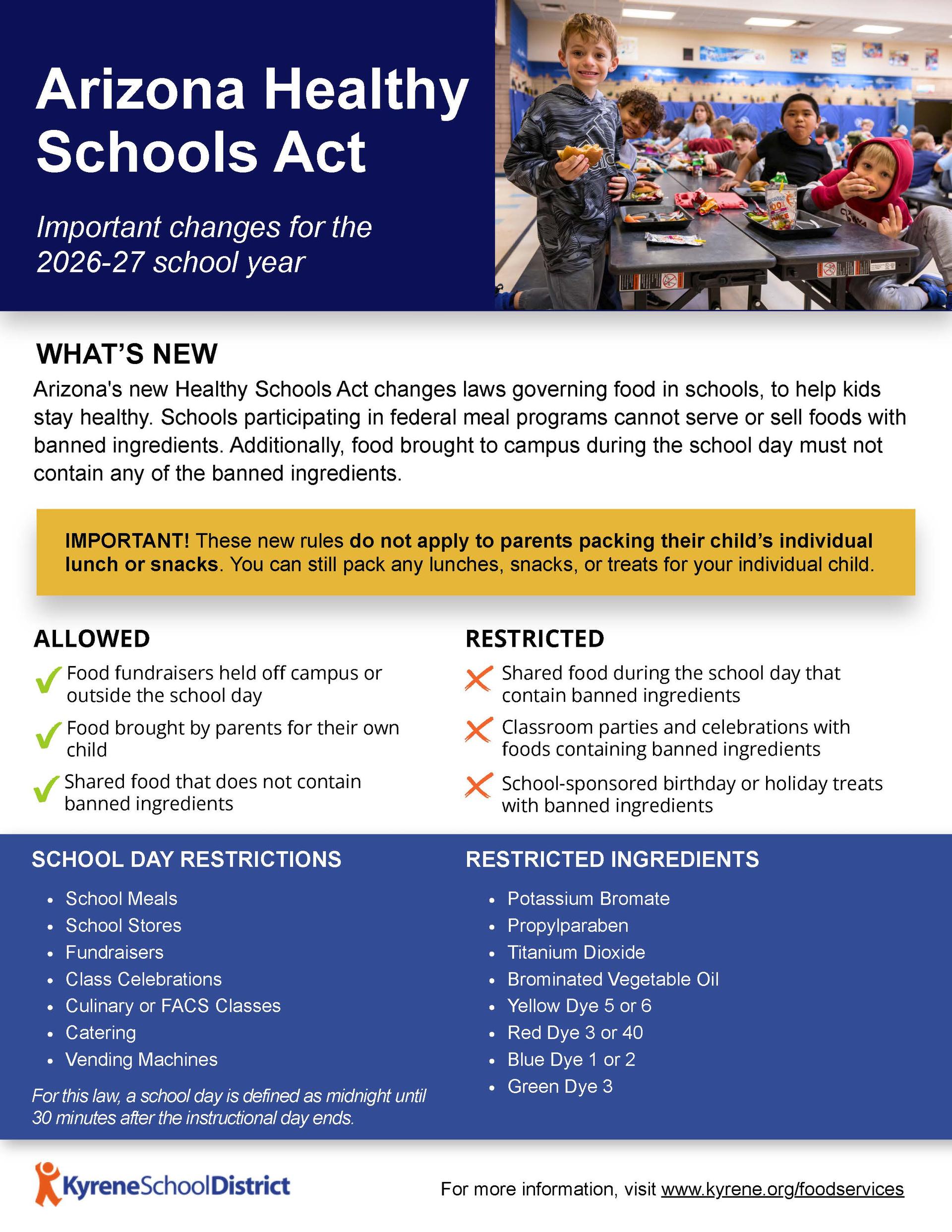 flyer with photo of students eating food at a school table and information about AZ healthy schools act of 2026