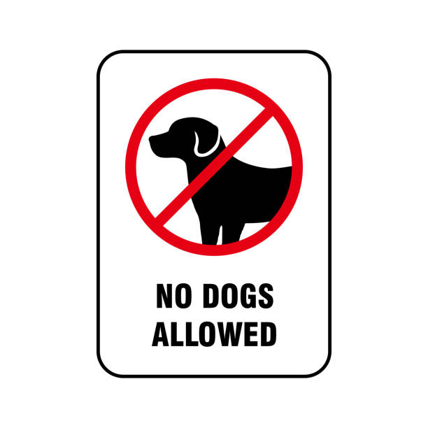 sign with a black dog and red circle and line on top and words No Dogs Allowed