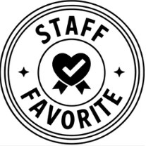 black circle graphic with heart in middle and words: staff favorite around the inside of circle
