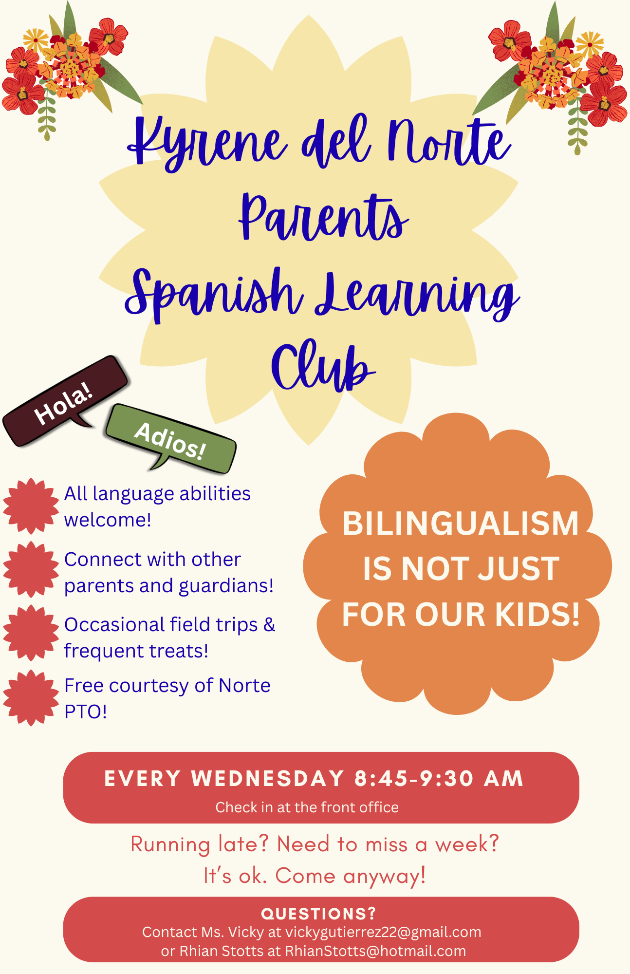 flyer with flowers in corner and info about Norte's Parent spanish lessons starting on Wednesdays at 8:45am to 9:30am