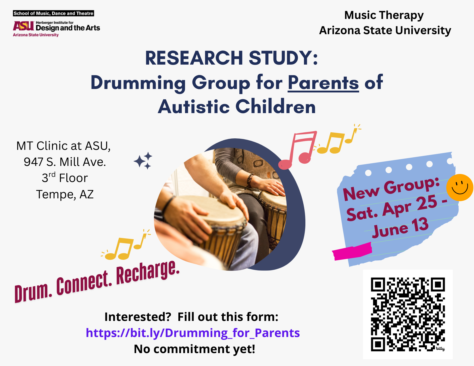 hands on bongo drum in center with info about a drumming group for parents of autistic children on April 25- June 13