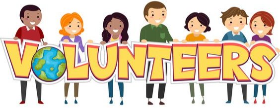 different adult characters holding a sign that says Volunteers wtih the earth globe as the O letter