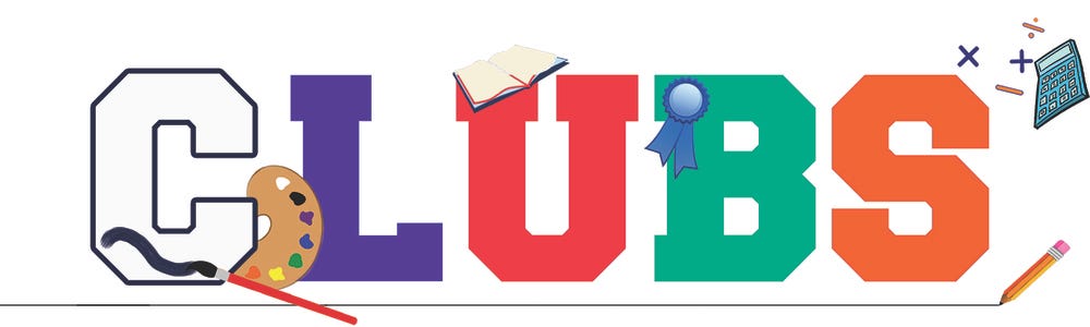 large multi color letters that spell out CLUBS with paint palette, pencil, book and calculator around edges