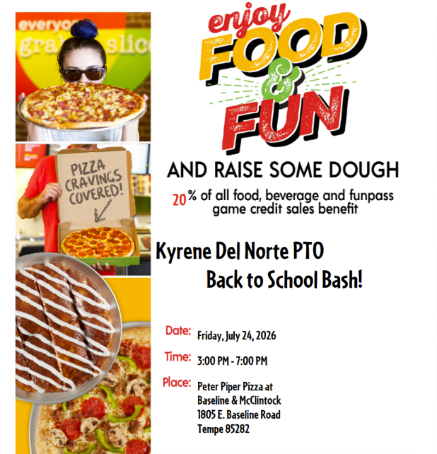 flyer with pizza and desserts from peter piper pizza with info about back to school party for Norte on July 24 2026 from 3-7pm