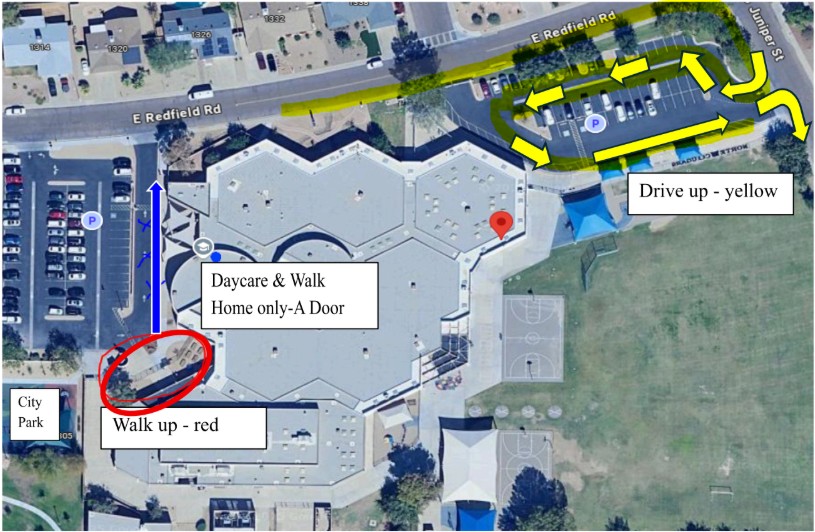 photo of map of school with colored arrows showing route for drop off areas